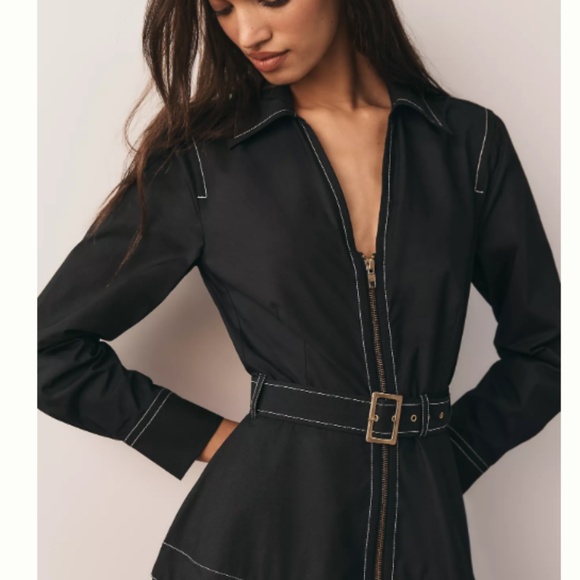 NWT By Anthropologie Long-Sleeve Navy Blue Belted Front-Zip Midi Dress size MP - Picture 3 of 5